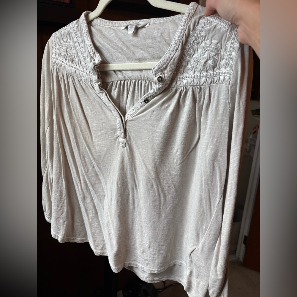 Lucky Brand Cream/Gray Embroidered 3/4 Sleeve Blouse